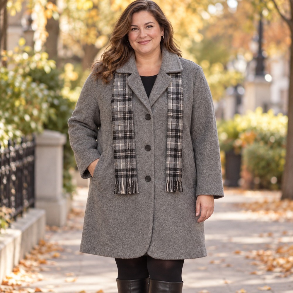 Herman Kay Women's Size 18 Gray Coat Plaid Scarf Button Front Plus Size